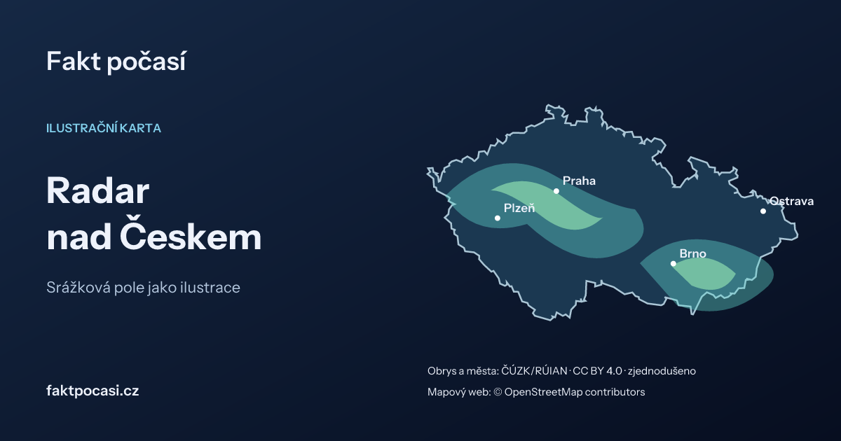Ilustrační karta radaru: obrys Česka a smyšlená srážková pole