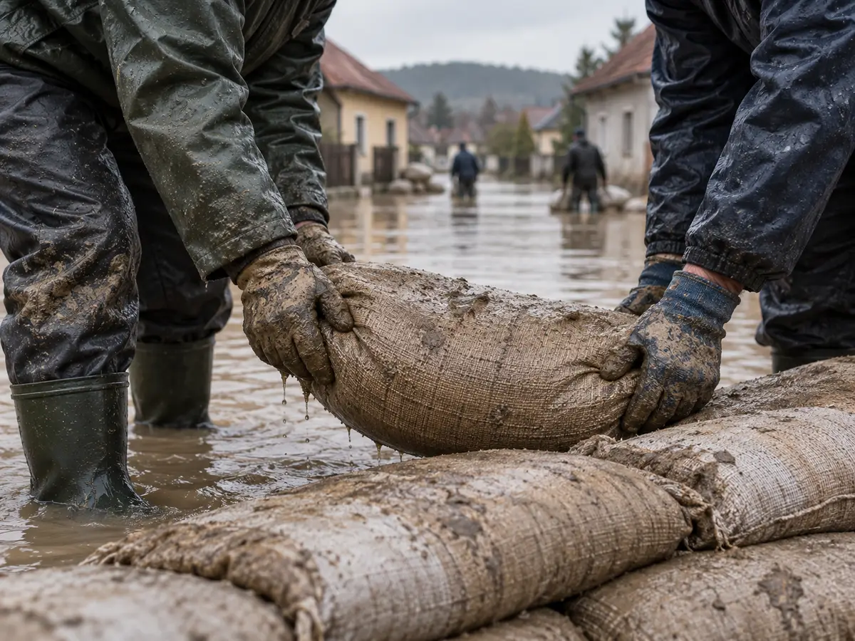 Dobrovolníci skládají pytle s pískem na zatopené ulici venkovské vesnice.