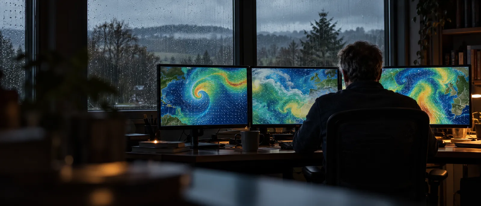 Ilustrace · Meteorolog u stolu s několika monitory sleduje barevné mapy větru a vlhkosti nad oceánem, za oknem prší.