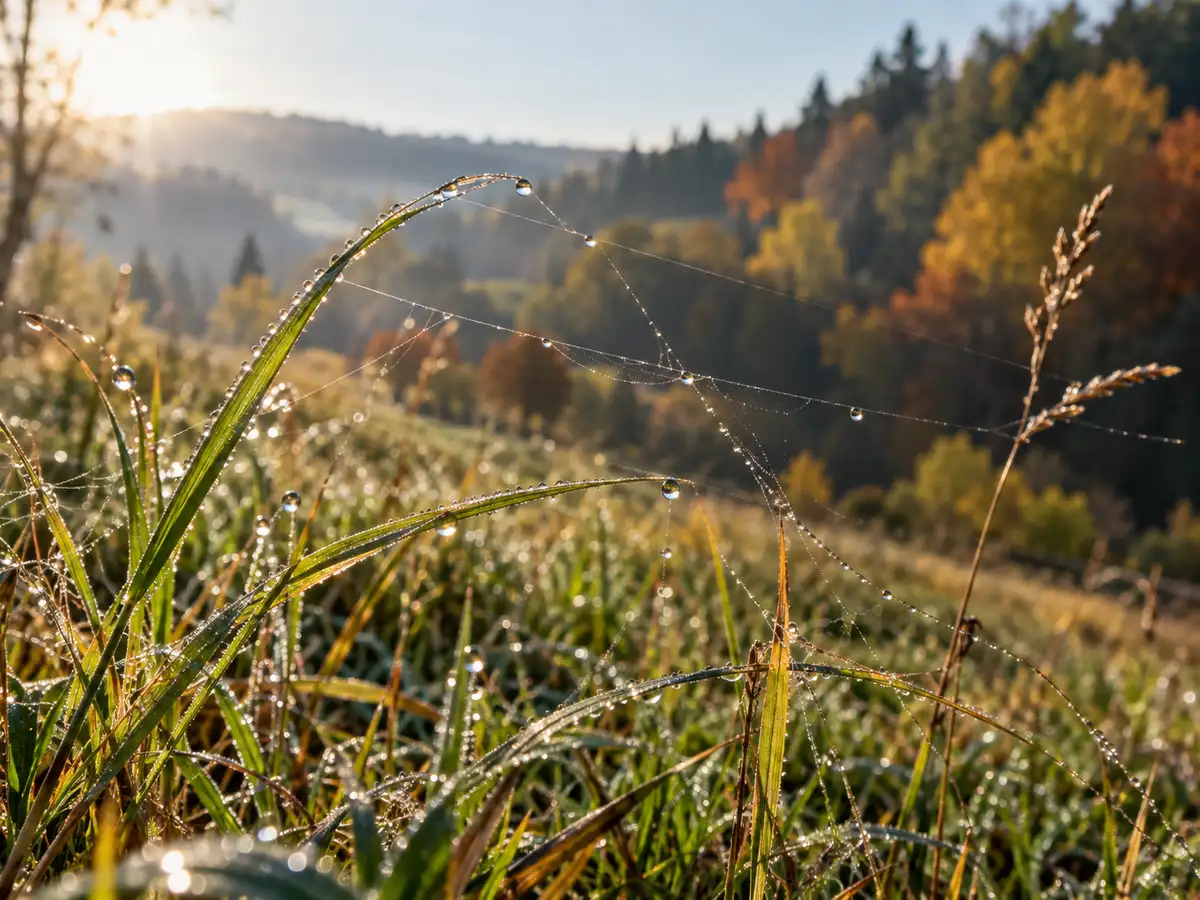 Pavučinová vlákna s kapkami rosy svítí v protisvětle nízkého slunce.