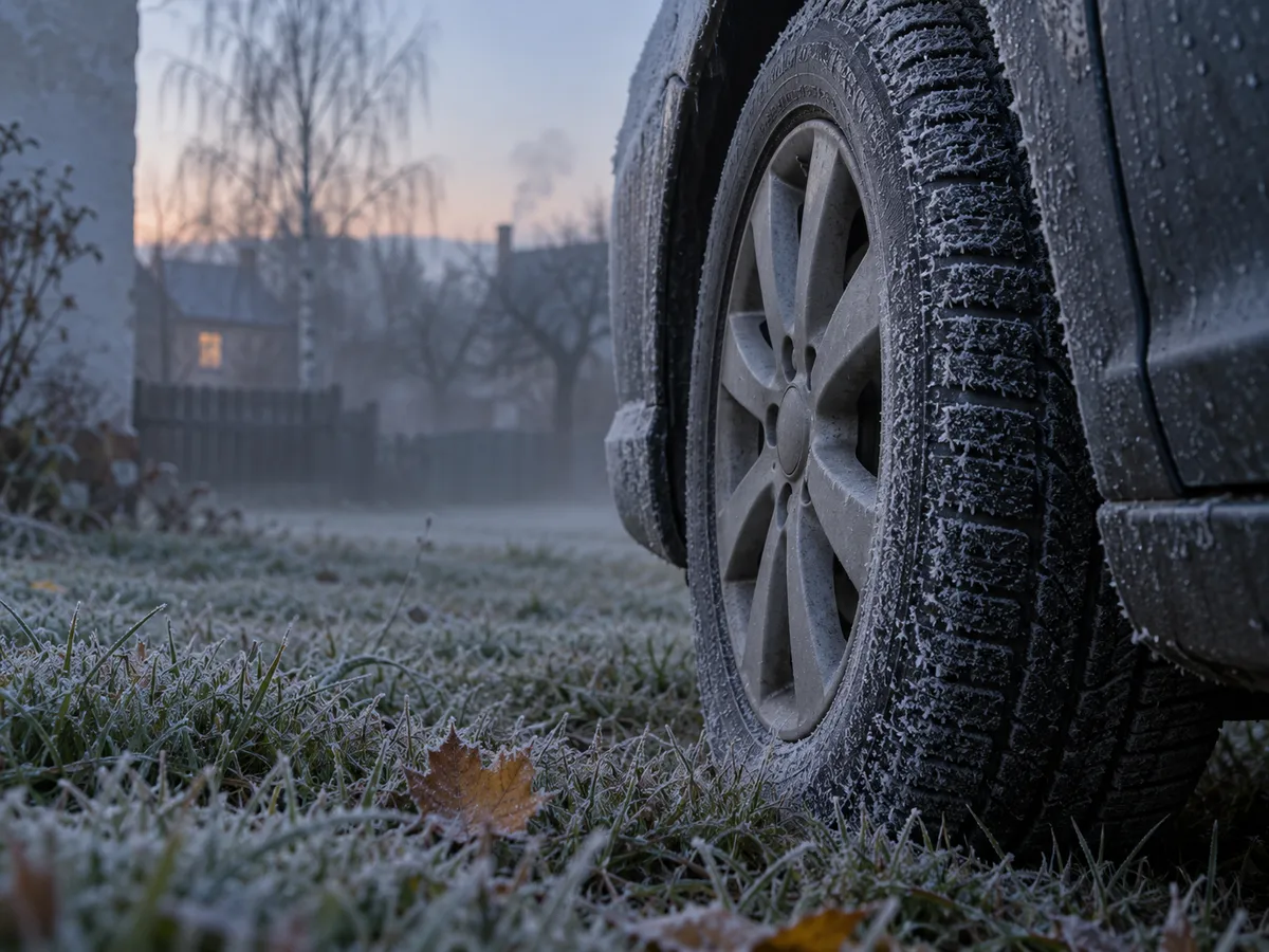 Jinovatka na pneumatice a blatníku auta za mrazivého podzimního rána