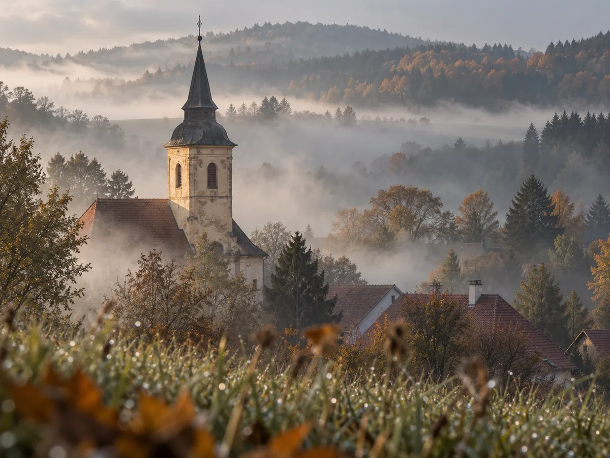Vesnice zahalená ranní mlhou mezi poli a stromy v podzimních barvách.