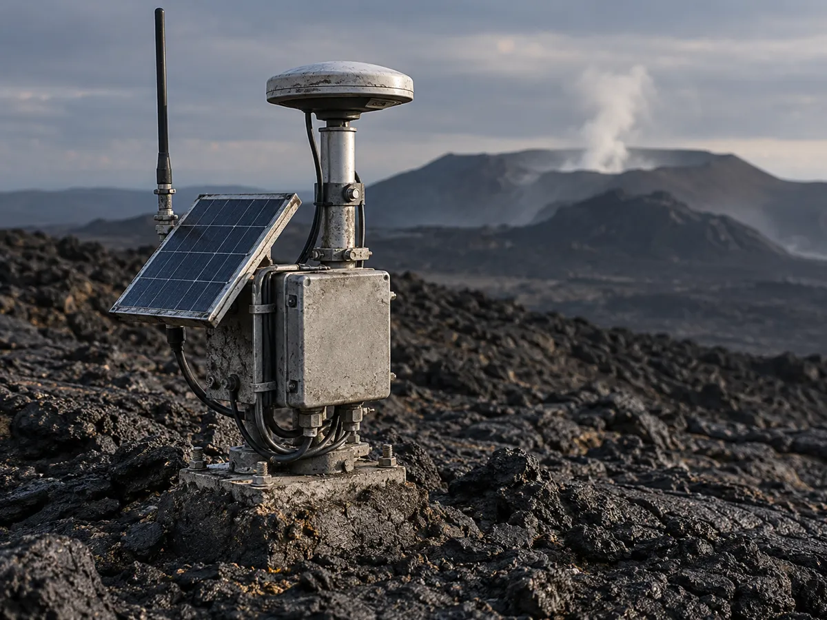 Illustration · A measuring station with a solar panel and an antenna on a slope of solidified black lava.