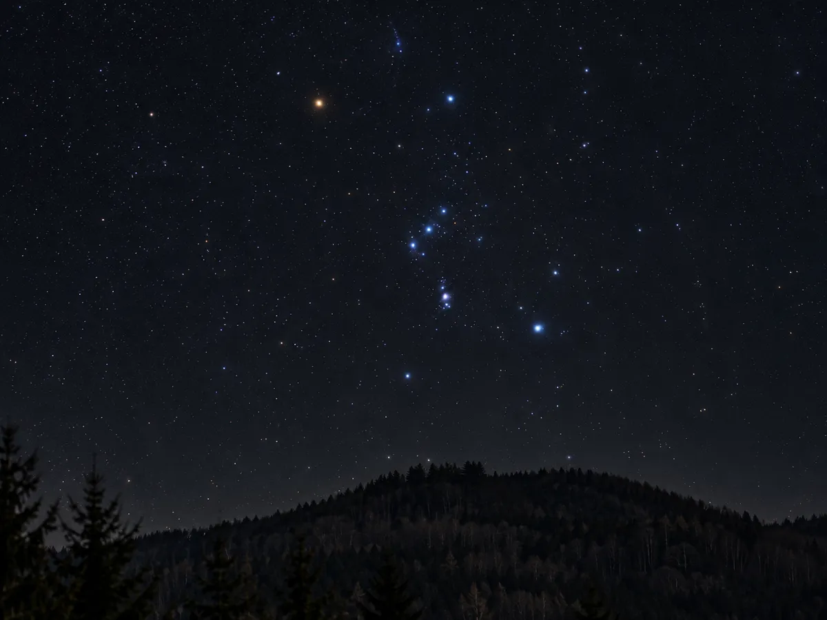 Souhvězdí Orion s oranžovou Betelgeuzí a třemi hvězdami pásu nad tmavým lesnatým kopcem