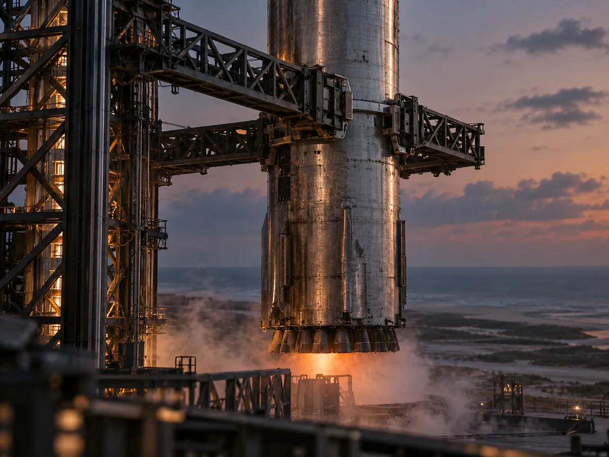 Ilustrace · Dvě ocelová ramena vysoké startovní věže drží válcový raketový stupeň nad rampou na pobřeží za soumraku.