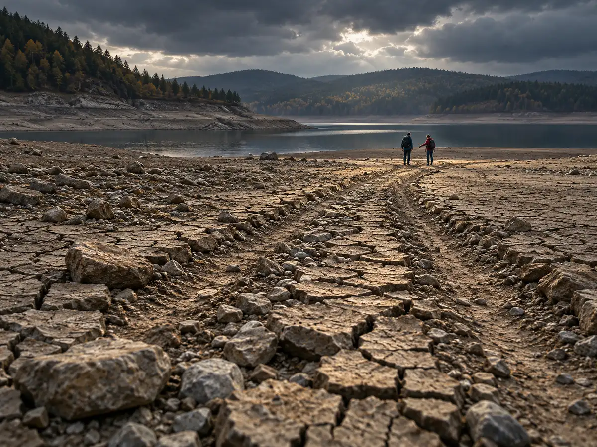 Turisté chodí po popraskaném dně přehradní nádrže a prohlížejí si vynořenou starou cestu.