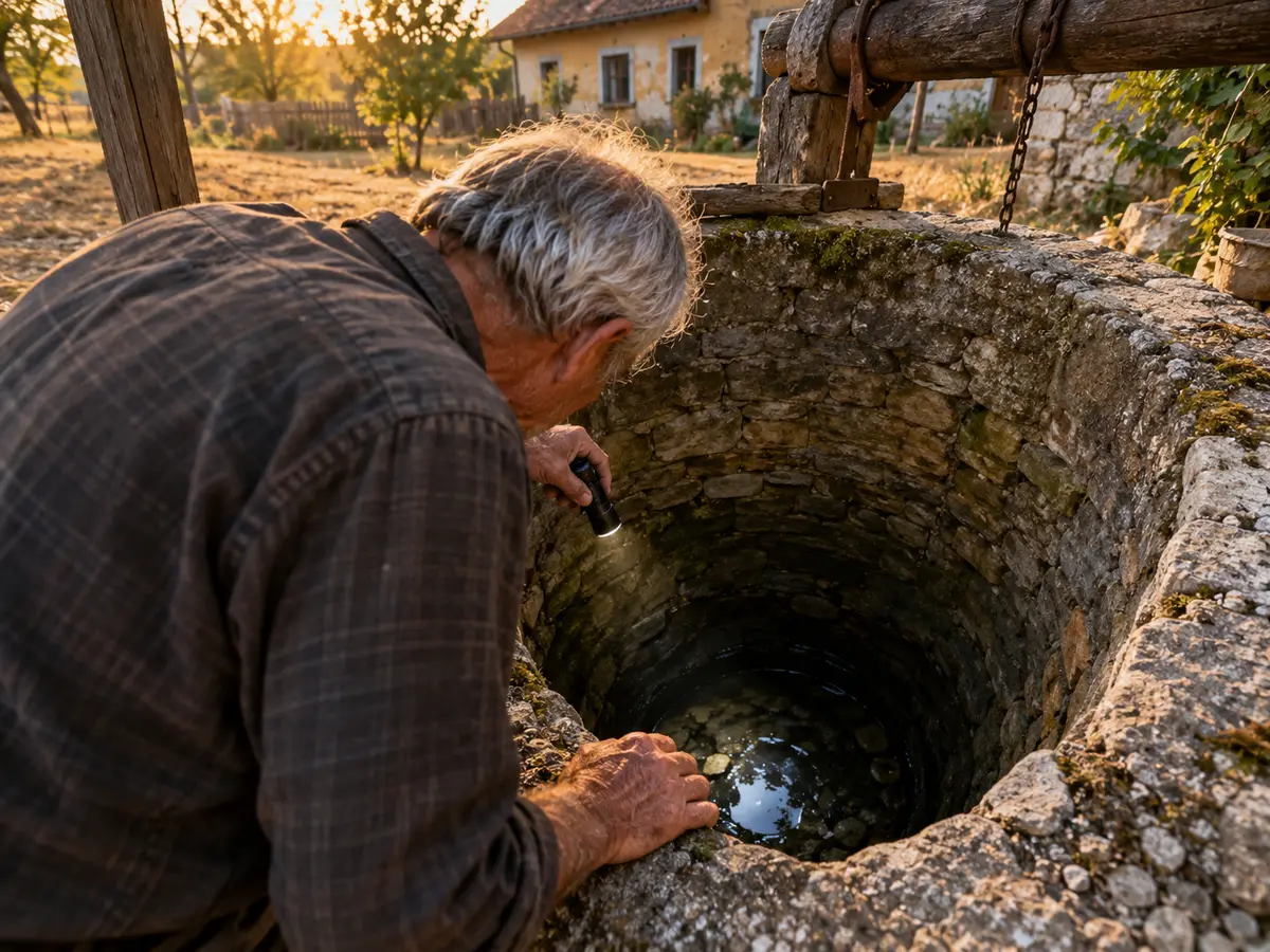 Muž se naklání nad kamennou kopanou studnou a svítí baterkou do hloubky, jak nízko je voda.