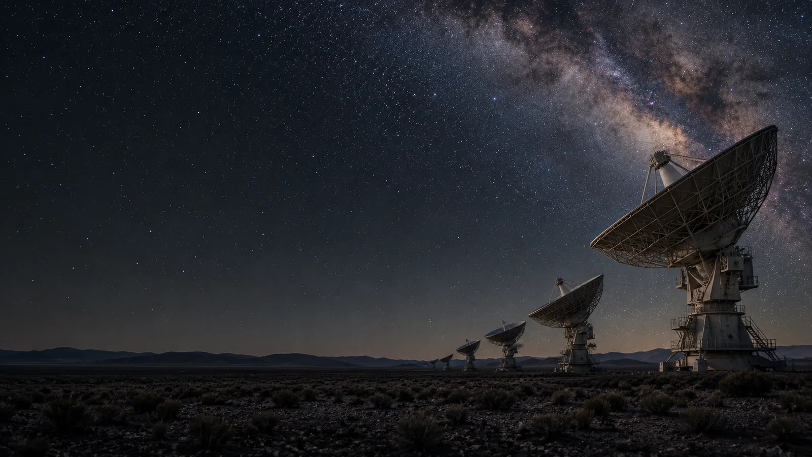 Radio telescope antennas on a dry plain under a starry night sky.