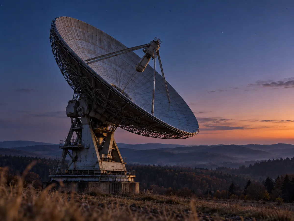 A parabolic radio telescope dish at dusk, with the first stars in the sky.