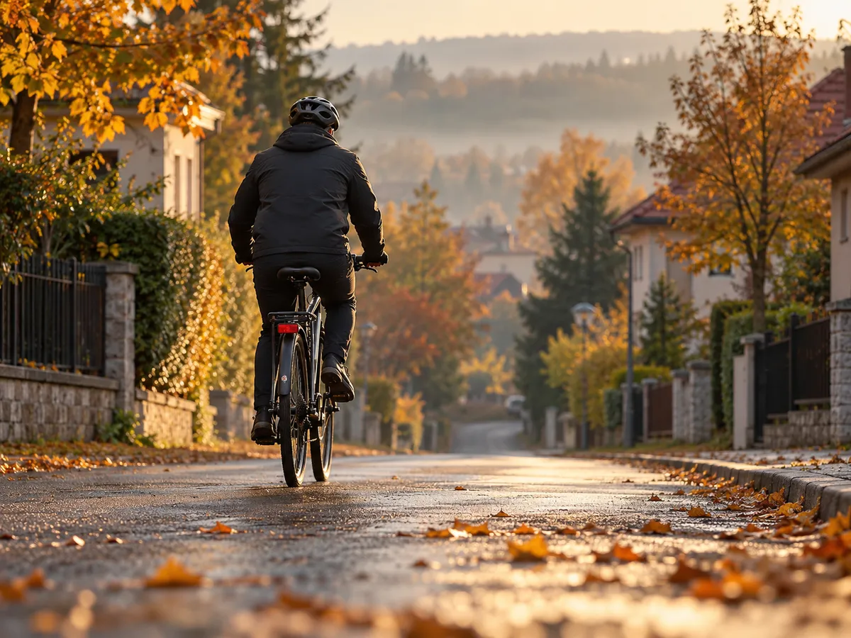 Cyklista jede od fotoaparátu podzimní ulicí osvětlenou nízkým ranním sluncem.