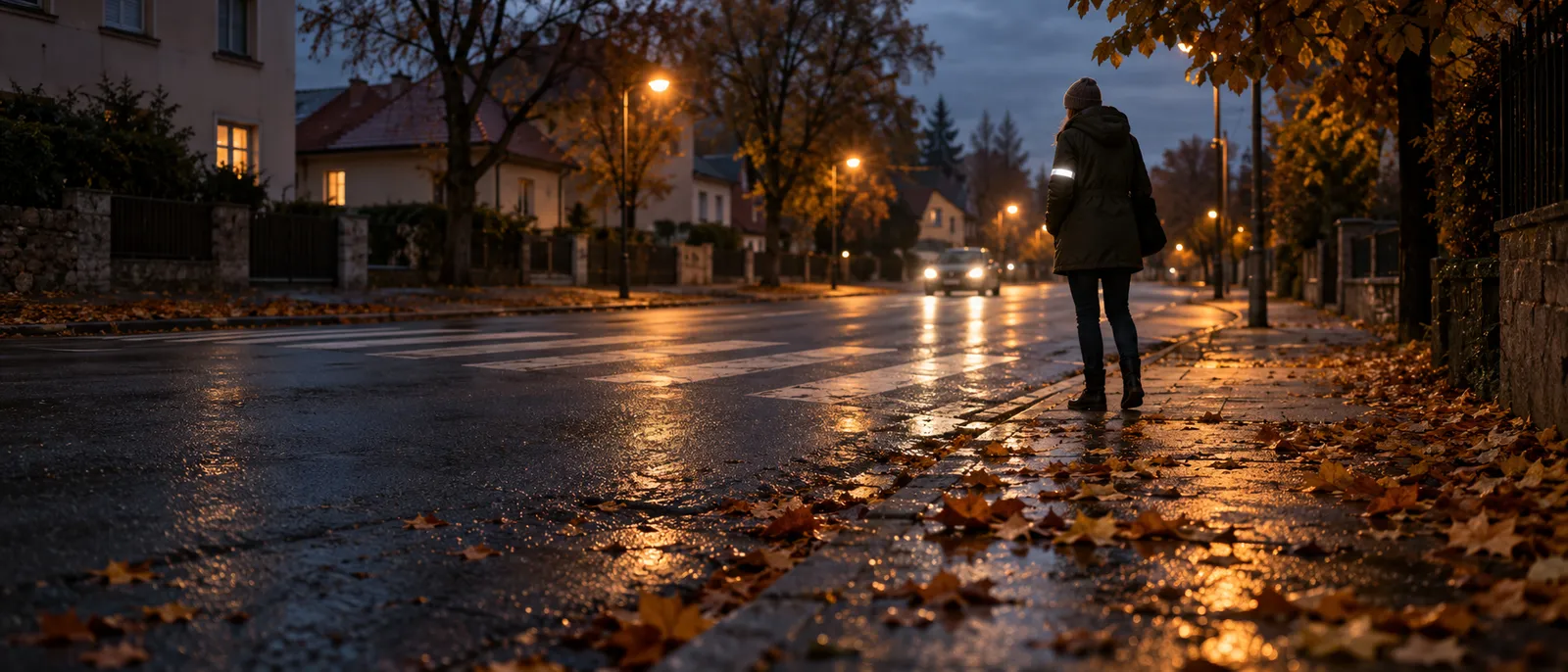 Chodec s reflexním páskem na rukávu se za šera blíží po chodníku k přechodu.